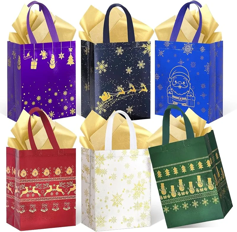 Marke: Hauyoungs Weihnachts-Geschenktüten, mittelgroß, mit Seidenpapier, wiederverwendbare Vlies-Tragetaschen mit Griffen, perfekt für Geschenkverpackungen, Partyzubehör, 25, 9 x 21, 1 x 10, 2 cm, 12 Stück