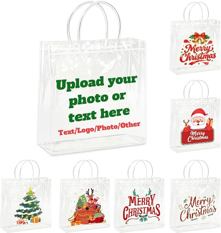 Besuche den Benutzerdefiniert-Store Individuelle Weihnachts-Geschenktüten mit Griffen, 30 Stück, transparente PVC-Urlaubstaschen mit personalisiertem Text und Muster, wiederverwendbare Geschenktüten für Geschenke, Einkaufsdekoration — Geschenkverpackung