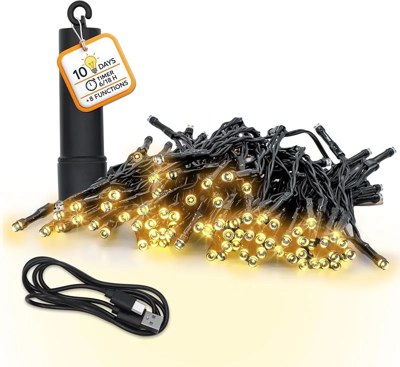 Besuche den Spetebo-Store Spetebo Akku Lichterkette per USB aufladbar bis 10 Tage Leuchtdauer mit Timer - 200 LED auf 15m - Außen Dekolicht warm weiß mit 8 Funktionen - Weihnachten Garten Pavillon Deko Beleuchtung wasserdicht — Weihnachtsbeleuchtung