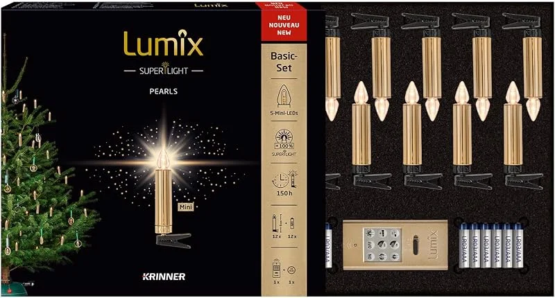 Marke: Lumix Lumix® SuperLight Pearls Mini von KRINNER kabellose LED Christbaumkerzen Weihnachtsbaumkerzen 12er Basis-Set Gold glänzend 9cm warmweiß inkl. Fernbedienung 78128 — Weihnachtsbeleuchtung