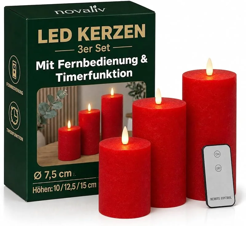 Besuche den Novaliv-Store 3er Set Led Kerzen 7, 5cm ø Kerze flackernde Flamme mit Fernbedingung ROT 15 cm + 12, 5 cm + 10 cm Höhe, LED Kerzen mit Timerfunktion, 3 AAA Batterien nötig, LED Echtwachs Stumpenkerzen warmweiß — Kerzenlicht Abendessen