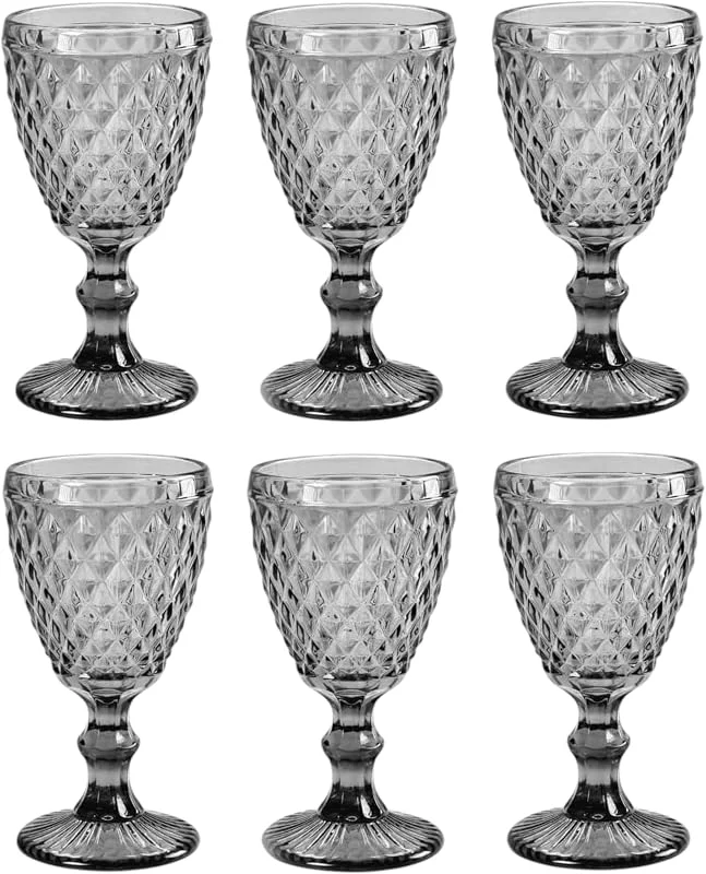 Besuche den GMMH-Store Vintage 6er-Set Farbige Weingläser und Trinkgläser mit Diamant Muster (Netz Grau Weinglas), Longdrinkgläser, Cocktail Gläser mit Prägung, Glas, Trinkglas, Weinglas, Wasserglas, Glaskelche — Wein und Festtafel