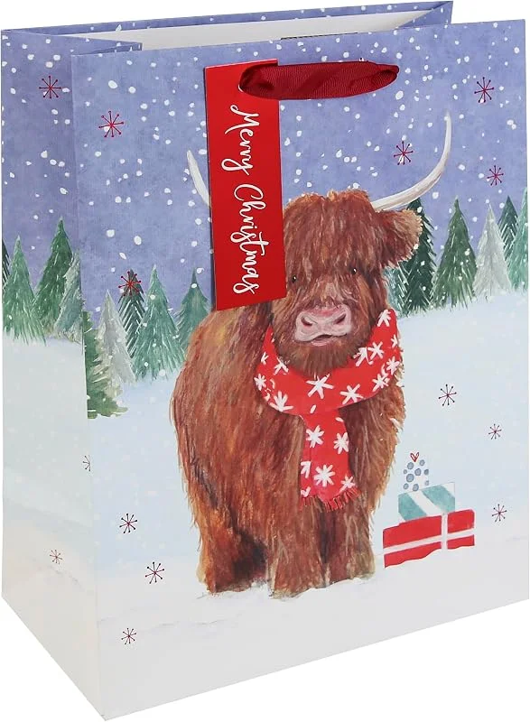 Marke: Eurowrap Eurowrap Große Weihnachts-Geschenktüte mit Hochlandkuh – festliche Winterszene mit rotem Schal & Geschenken – roter Bandgriff – recycelbare Papiertüte für saisonale Verpackung — Geschenkverpackung