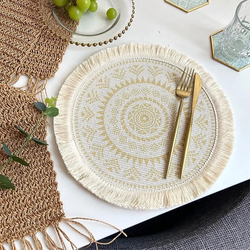 Besuche den Epinki-Store Epinki 2Pcs Set Tischsets Platzsets Modern Rund 33CM, Polyester Baumwolle Platzsets Natur Geometrisch Blumen Muster Hitzebeständige, Tischuntersetzer Deko Gelb für Hause Küche Restaurant und Hotel — Küche & Haushalt