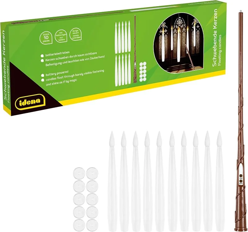 Besuche den Idena-Store Idena 31874-10 Stück Schwebende Kerzen mit Zauberstab Fernbedienung, flackerndes LED Licht in Warmweiß, batteriebetrieben (11x AAA nicht enthalten), inkl. 10 Halterungen und Nylonfaden — Kerzenlicht Abendessen