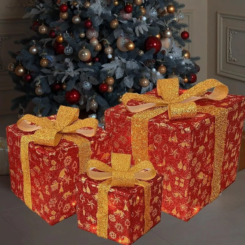 Marke: FENGLIUCHEN Weihnachtsdekorationen, beleuchtete Geschenkboxen, Set mit 3 50 LEDs, rote Boxen mit Schleife, geeignet für Weihnachten, Innen- und Außenbereich, Dekoration, Weihnachtsbaum-Dekoration (1 Stück) — Geschenkverpackung