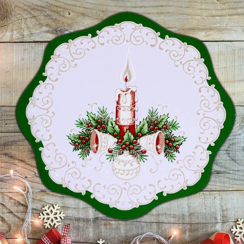 Marke: MforStyle MforStyle Set mit 2 Weihnachts-Tischsets, Weihnachtsdeckchen, Durchmesser 30 cm, traditionelles festliches Muster, Matten, Stoffkerzen, Glöckchen, Rot, Gold, Grün, Weihnachtstischdecke, Leinen — Advent und Tisch