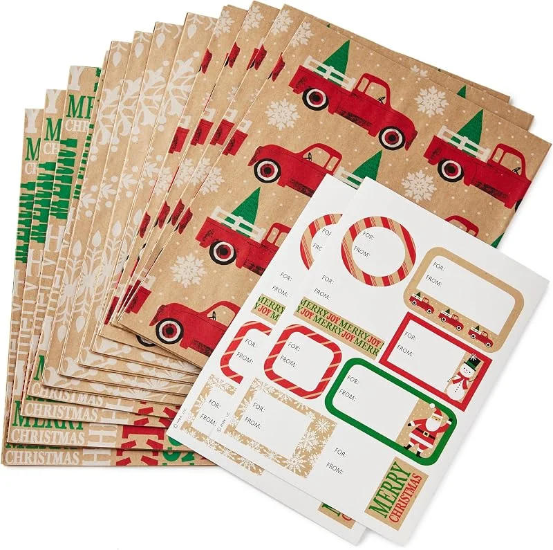 Besuche den Hallmark-Store Hallmark Recycelbares Kraftpapier für Weihnachten, flaches Geschenkpapier mit Schnittlinien auf der Rückseite (12 gefaltete Bögen mit Aufkleber-Geschenkanhänger), rustikale rote LKWs, weiße — Geschenkverpackung