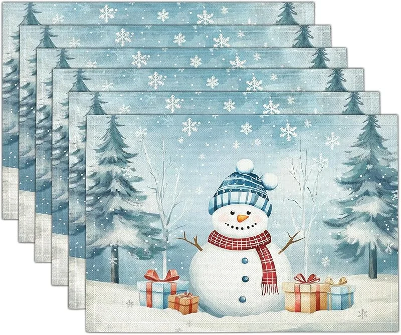 Marke: GDJSMIN 2er Set Platzset Weihnachten Tischset Hellblau Weihnachten Leinen Platzdeckchen 30x45cm Winterwald-Illustrationen Tischsets Schneemann-Elemente Weihnachtsdeko — Küche & Haushalt