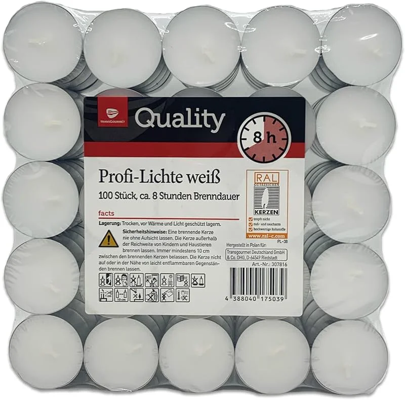 Marke: HLKauf Teelichter weiß ohne Duft Großpackung, 4 Std., 6 Std., 8 Std. auch Maxi (8 Std. Teelichter + 1 HL Kauf Notizblock, 200 Stück) — Kerzenlicht Abendessen