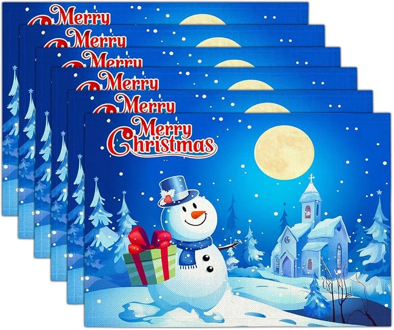 Marke: GDJSMIN Mode Dunkelblau Niedliches Schneemann-Kirchenmuster Weihnachten Platzsets 6er Set, 30x45cm Winter Tischset Waschbar Platzdeckchen Küche Party Deko — Küche & Haushalt
