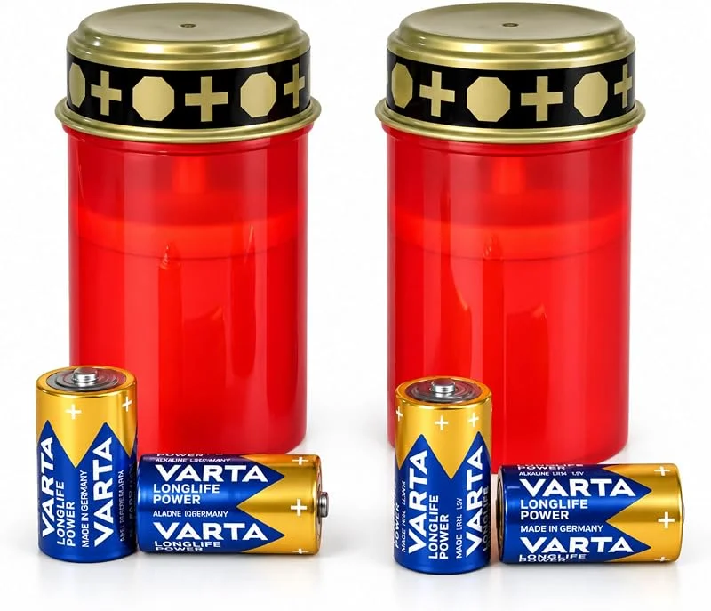 Besuche den Fachhandel Plus-Store LED Grablicht rot 2er Set, 4 Varta C Longlife Batterien — Kerzenlicht Abendessen