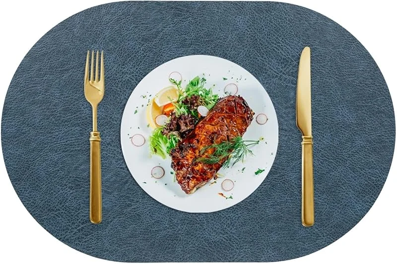 Besuche den Epinki-Store Epinki Tischsets Platzsets Abwaschbar Vintage Oval, 2er Set 30x45CM Platzset rutschfest Umkehrbar Einfarbig Rindsleder Textur aus PVC Leder, Tischuntersetzer Abwaschbar Blau Gelb für Restaurant — Küche & Haushalt