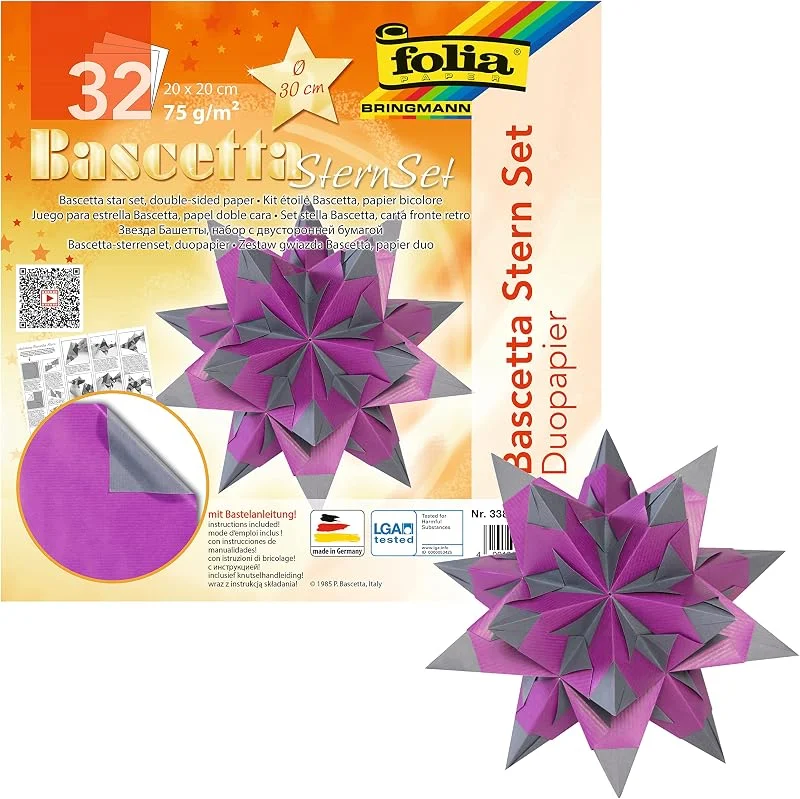 Besuche den folia-Store folia 338, 2020 - Bastelset Bascetta Stern Duo lila, anthrazit, 32 Blatt, 20 x 20 cm, fertige Größe des Papiersterns ca. 30 cm, mit ausführlicher Anleitung - ideal zur zeitlosen Dekoration — Weihnachtsdeko