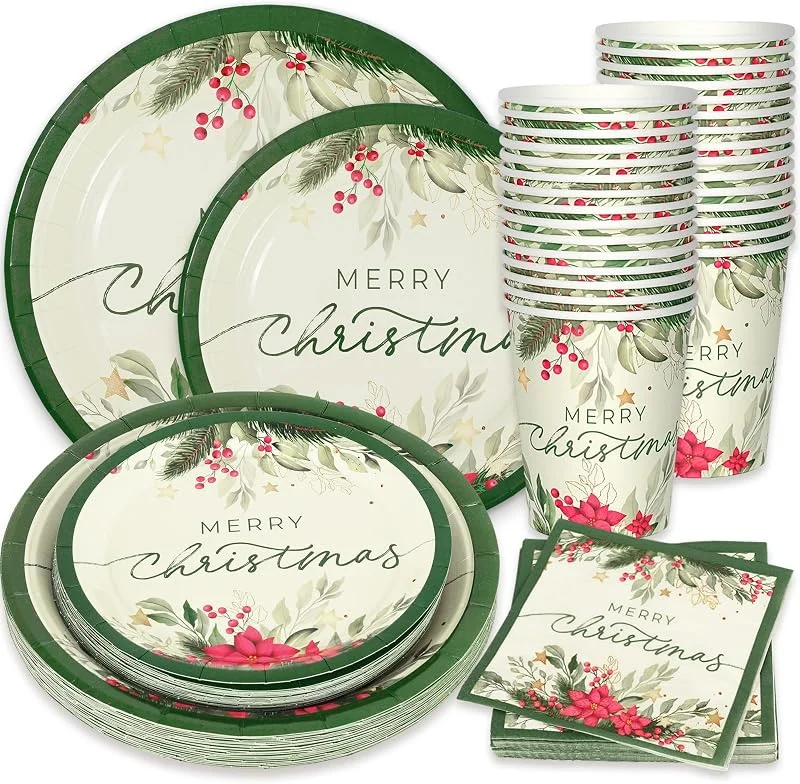 Marke: Whaline Whaline 24 Sets Weihnachts-Stechpalmen-Pappteller, Becher, Servietten, Party-Dekorationen, Weihnachtsstern, Mistelzweig, Einwegteller, Frohe Weihnachten, Geschirr-Set für Weihnachten, Winter, Urlaub — Advent und Tisch
