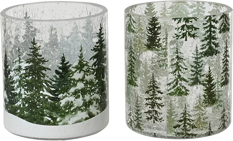 Marke: Decoris Teelichthalter Glas 10cm mit Winterwald Tannen Motiv 1 Stk. sortiert — Advent und Tisch