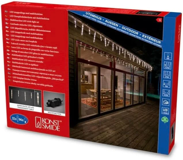 Besuche den Konstsmide-Store Konstsmide LED Eiszapfen Lichtervorhang, 32 Zapfen, mit Multifunktion, Steuergerät und Memoryfunktion, 96 warmweiße Dioden, 24V Außentrafo, transparentes Kabel - 2749-103 — Weihnachtsbeleuchtung