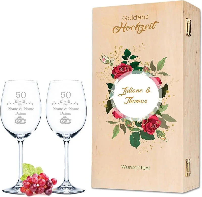 Besuche den GRAVURZEILE-Store GRAVURZEILE Rotweingläser mit Gravur - Goldene Hochzeit - mit Holzkiste — Wein und Festtafel