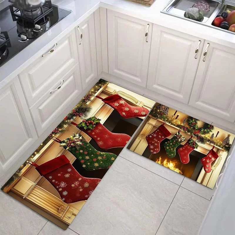 Marke: MULERN Küchenteppich Sets 2 Stück, Anti-Müdigkeit Weihnachtsstrümpfe Kamindekorationen Küchenmatten, rutschfeste Weiche, für Küche, Waschküche, Flur, Mischfarben 43x75cm+43x150cm — Küche & Haushalt