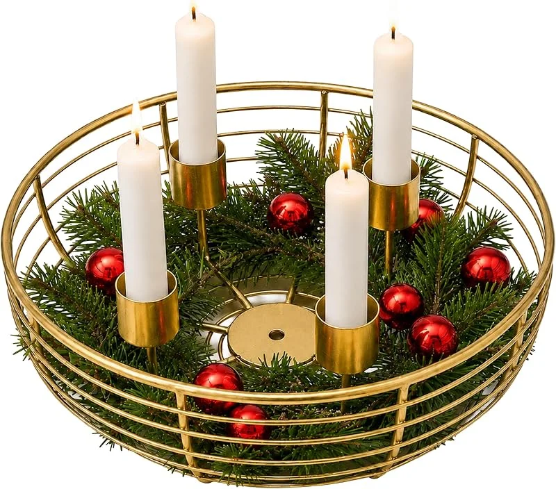 Besuche den Relaxdays-Store Relaxdays Adventskranz Drahtgeflecht, 4 Kerzenhalter, Metallschale, gold — Kerzenlicht Abendessen
