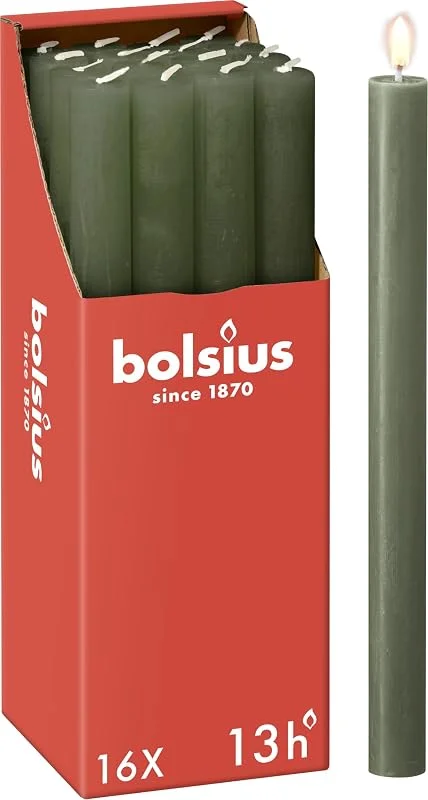 Besuche den bolsius-Store Bolsius - Rustik Stabkerzen - Olivgrün - 16 Stück - 27 x 2.3 cm - Länge Brenndauer 13 Stunden - Unparfümierte - Enthält Natürliches Pflanzenwachs - Ohne Palmöl — Kerzenlicht Abendessen