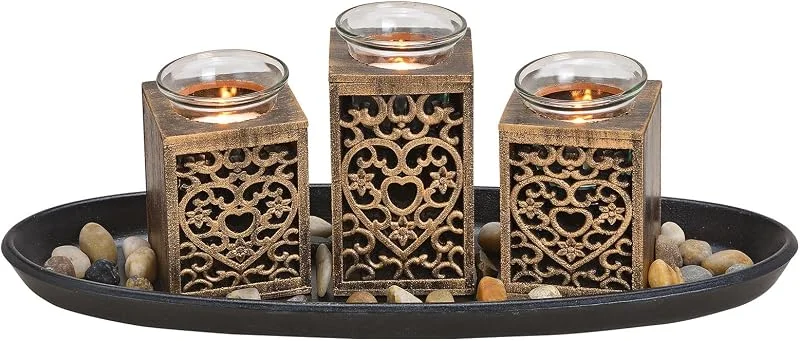 Besuche den Spetebo-Store Teelichthalter Dekoset 8-teilig mit Tablett - schwarz, Gold - Tischdeko Set inklusive Steine - Kerzen Tablett Teelicht Halter Tisch Deko Landhaus inklusive Kies — Kerzenlicht Abendessen