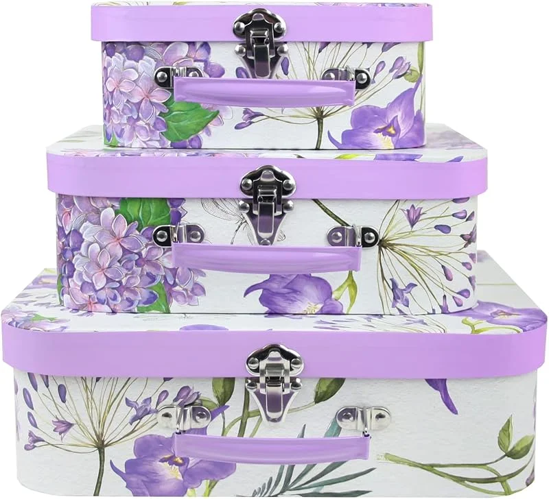 Besuche den emartbuy-Store Emartbuy Set von 3 Starrer Luxus Präsentation Kofferaufbewahrung Geschenkbox, Lila Blumendruck mit Lila Deckel, Lila Interieur mit Metallgriff und Verschluss — Geschenkverpackung