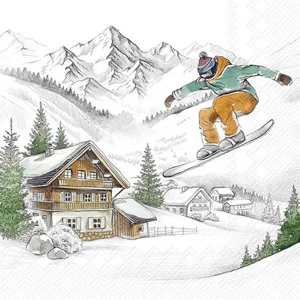 Marke: IHR Ideal Home Range 20 Servietten Weihnachten Skifahrer an Winterhütte als Tischdeko. Papierservietten mit Motiv. Auch für Decoupage und Serviettentechnik 33x33cm — Advent und Tisch