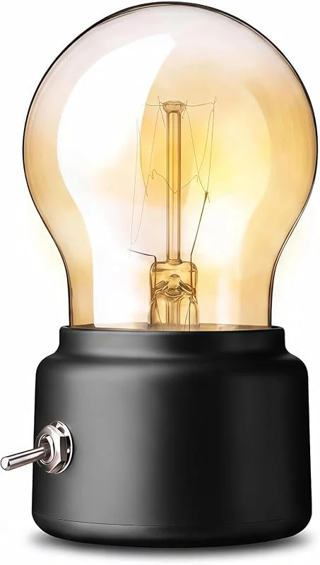 Marke: JUXINE Kabellose Tischlampe Retro Mini LED Tischlampe - USB-aufladbar, Warmlicht, Vintage Design - für Schlafzimmer & Kinderzimme. (schwarz) — Kerzenlicht Abendessen