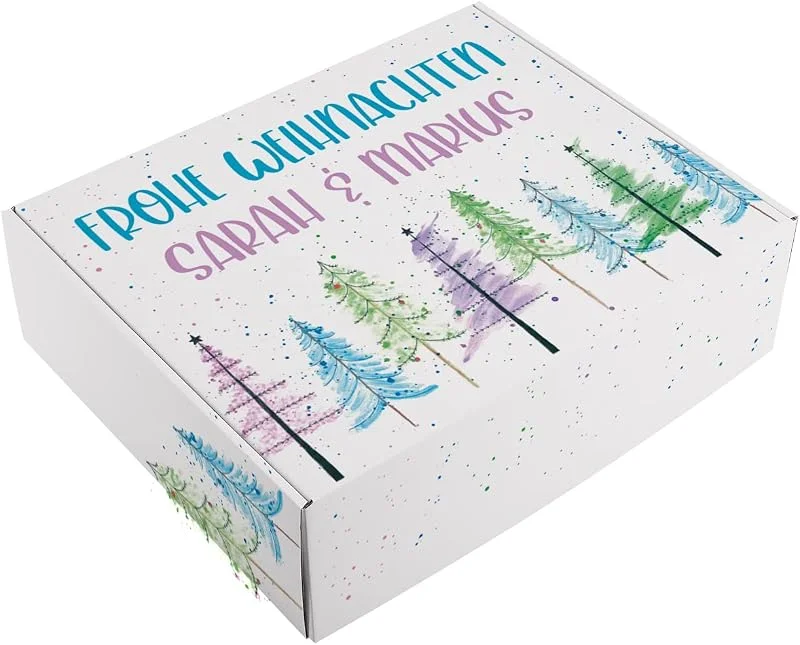 Besuche den Herz & Heim-Store Herz & Heim® Geschenkverpackung - Frohe Weihnachten- mit bunten Tannenbäumen, personalisiert in 3 Größen Groß