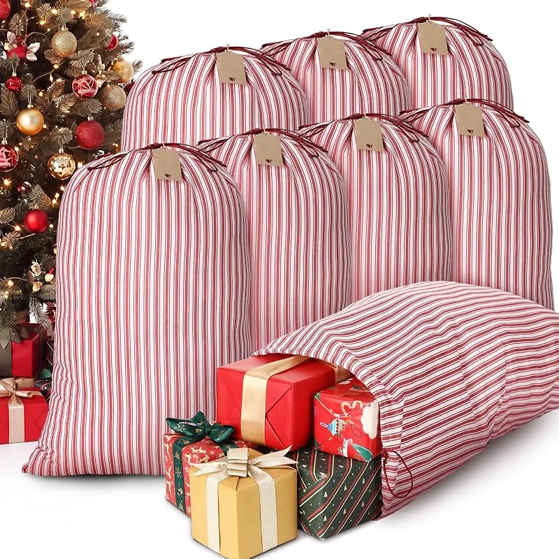 Marke: Wesnoy Wesnoy Große Weihnachts-Geschenktüten, 68, 6 x 48, 3 cm, Weihnachtsmann-Säcke, rot und weiß gestreift, Weihnachts-Kordelzug, Baumwollbeutel mit Geschenkanhänger, wiederverwendbare Stoffsäcke, für — Geschenkverpackung