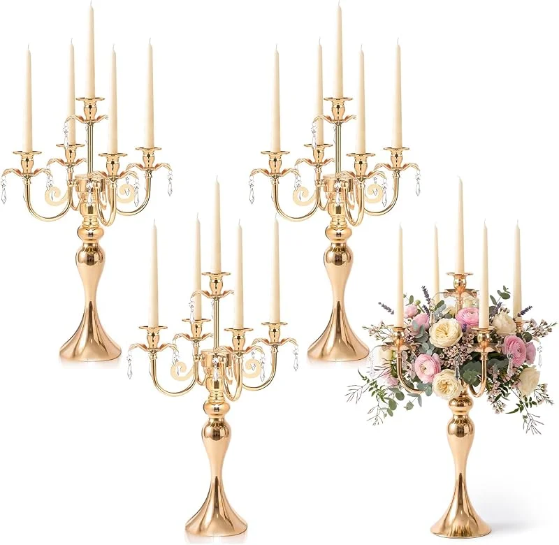 Marke: kolnlala 51 cm hoher 5-Armiger Kerzenleuchter für Tisch, eleganter Kerzenhalter aus Metall, Retro-Kerzenständer, Tischdekoration für Party, Events, Zuhause, Hochzeitsdekoration (4, Gold) — Kerzenlicht Abendessen