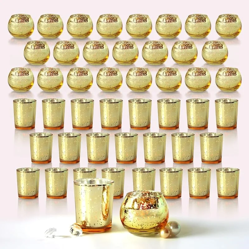 Marke: Etolies 48 Stück sortierte goldene Votivkerzenhalter, Großpackung für Tischdekoration, Quecksilberglas, Kerzenhalter für Teelichter, Hochzeitsdekorationen, Weihnachts-, Diwali-Dekorationen für Zuhause — Kerzenlicht Abendessen