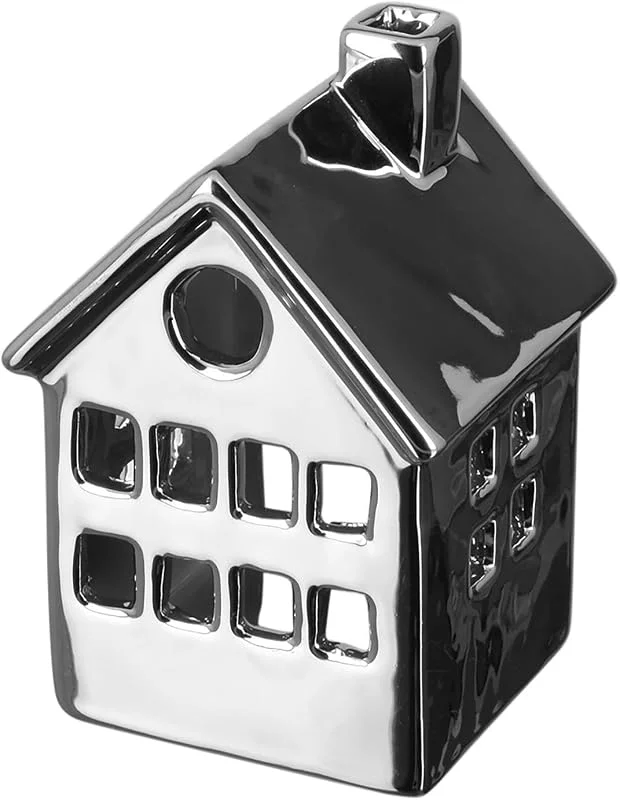 Besuche den Fink-Store Fink silberner Teelichthalter 12x8 cm in Form eines Deko-Hauses aus Keramik — Kerzenlicht Abendessen