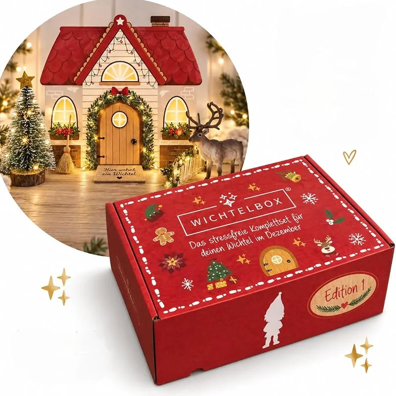 Marke: Wichtelbox Edition 1 - stressfreies Komplettset für Weihnachts-Wichtel, in 31 Päckchen vorbereitet, über 100 Teile Miniatur Wichtelzubehör, Wichtelbriefe, Wichtelzubehör, Wichtelhaus, Wichteltüre — Weihnachtsdeko