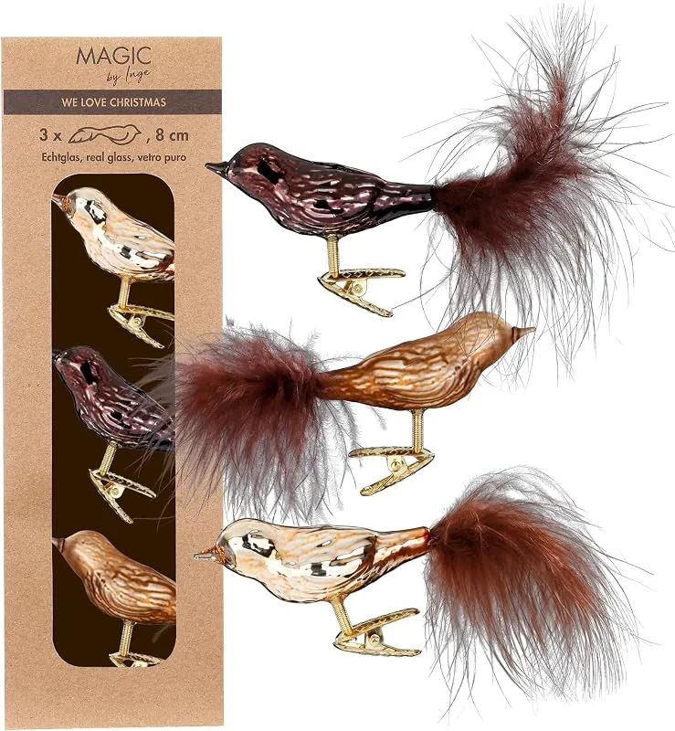 Besuche den Inge-glas-Store Christbaumschmuck Glas 8cm x 3 Stück Vögel auf Clip in Kartonbox Elegant Lounge — Weihnachtsdeko