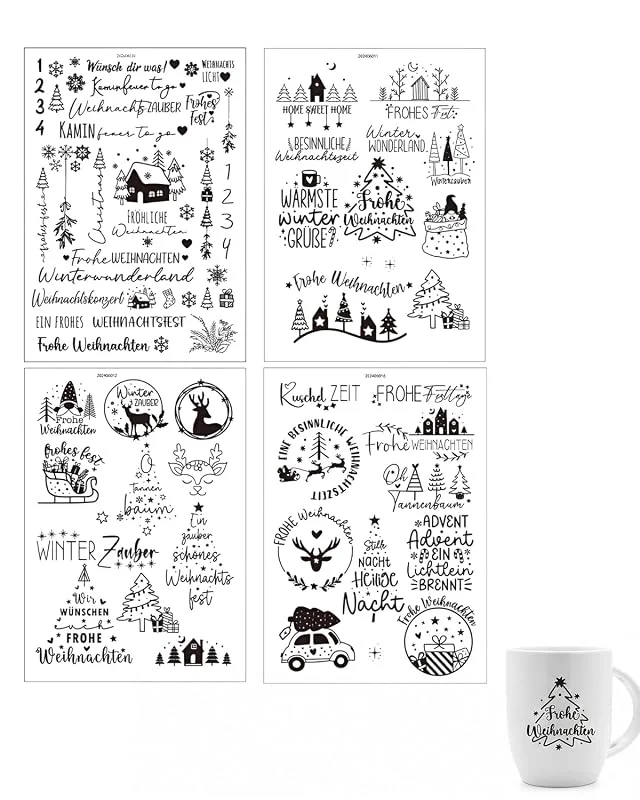 Marke: BTACGWP 4 Stück Weihnachten Transferaufkleber Rub On Sticker 19x14cm DIY Dekoration Für Glas Fenster Keramik Geschenke — Geschenkverpackung