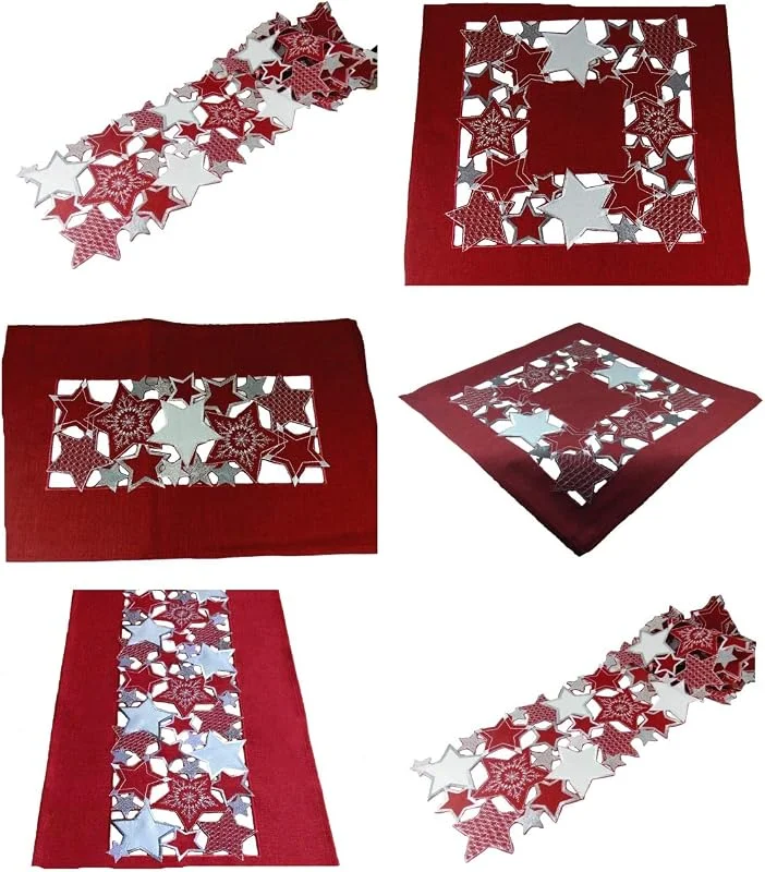 Marke: Westernlifestyle Tischläufer Tischdecke Mitteldecke Tischband Weihnachtsdecke gestickt Sterne Rot Silber grau (35 x 70 cm) — Küche & Haushalt