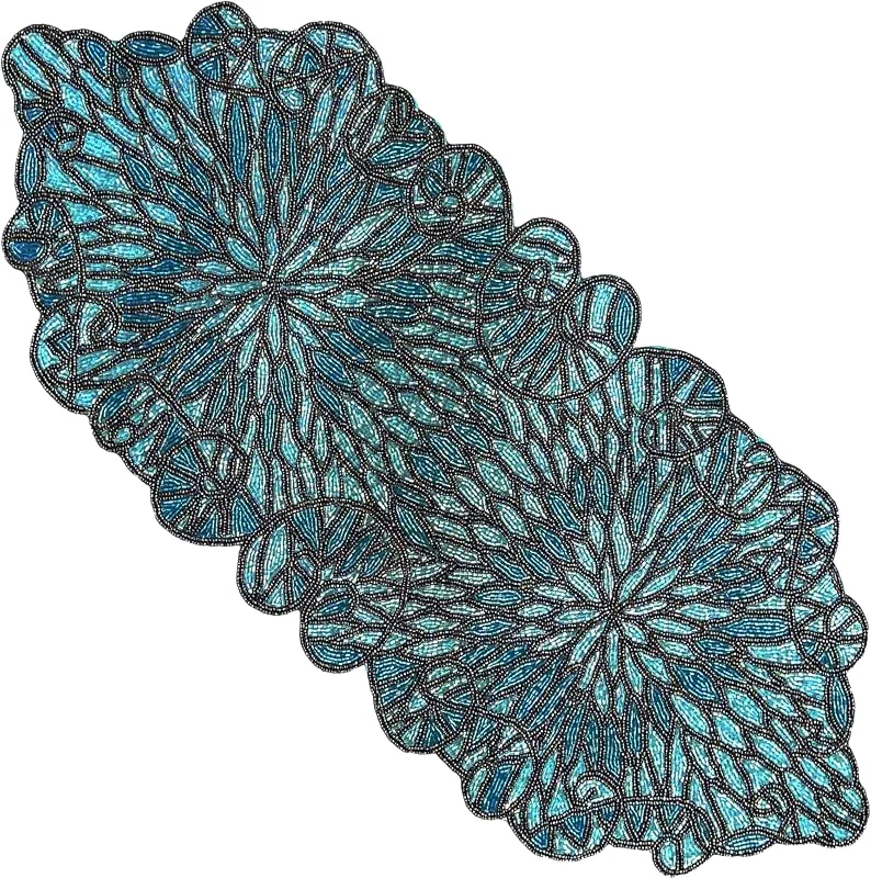 Marke: CLEENTABLE Festive Tischläufer mit Perlen, handgefertigt, mit Steinen, Saphir-Perlen, florales Art-Deco-Design und strapazierfähige Polyester-Rückseite für Bauernhaus, Braut- und Urlaubsdekoration, 33 x 91 cm — Küche & Haushalt
