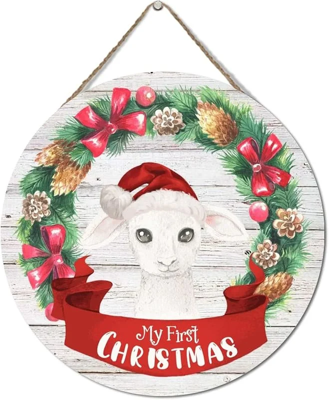Marke: Wodevor Rustikale Holzschilder, Weihnachtsdekoration, hängendes Holzschild, 30, 5 x 30, 5 cm, rund, Weihnachtskranz, Tier, Schaf, My First Christmas, Holzschild, rustikales Holzschild, Veranda