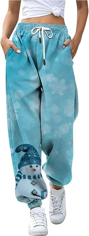 Marke: Générique Damenhose, breit, Weihnachtsmotiv, Sport-Leggings, Damen, Weihnachten, bedruckt, breite Hose, lässig, große Größe, Hose mit Kordelzug, 21 - Blau, Large — Weihnachtsmode