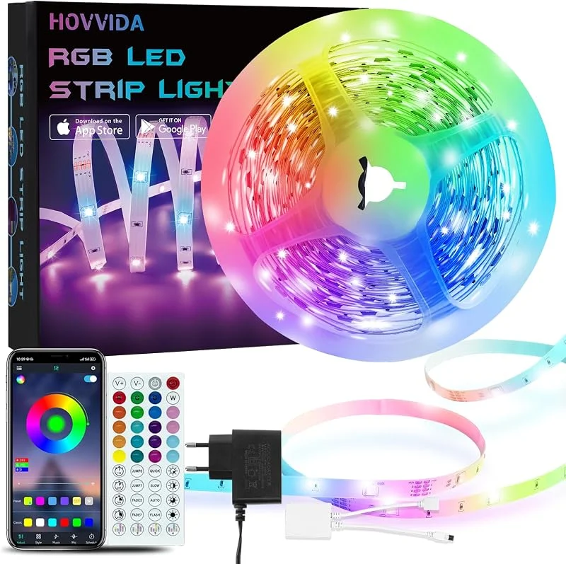 Besuche den HOVVIDA-Store HOVVIDA LED Strip 5m, 30 LEDs, Meter, 1x5m, 150 LED, RGB LED Streifen, APP und Fernbedienung, Musikmodus, Timing-Modus, LED für Zimmer, Wohnzimmer, Küche, Schlafzimmer, Bar, Party — Weihnachtsbeleuchtung