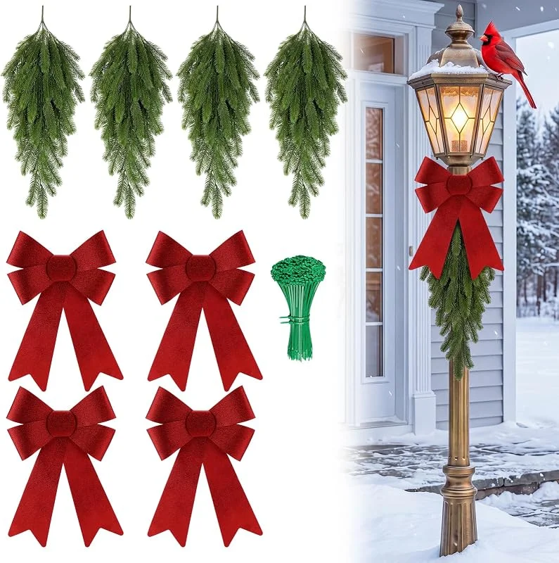 Marke: Sosation Sosation 4 Sets Weihnachts-Lampenpfostendekorationen, 76, 2 cm, künstliche hängende Kieferngirlanden mit 43, 2 cm roten Glitzer-PVC-Schleifen und 100 grünen Kabelbändern — Weihnachtsdeko