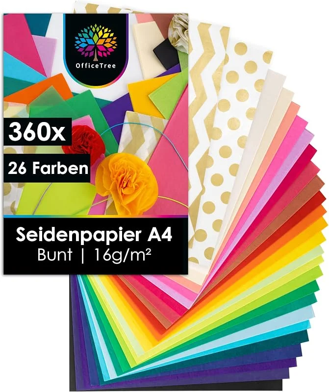 Besuche den OfficeTree-Store OfficeTree 360 x Seidenpapier A4 in 26 Farben - Seidenpapier Bunt zum Basteln 16 g, qm - Art Tissue Paper - Buntes Seidenpapier Set - Seidenpapier Basteln & DIY & Verpacken — Geschenkverpackung
