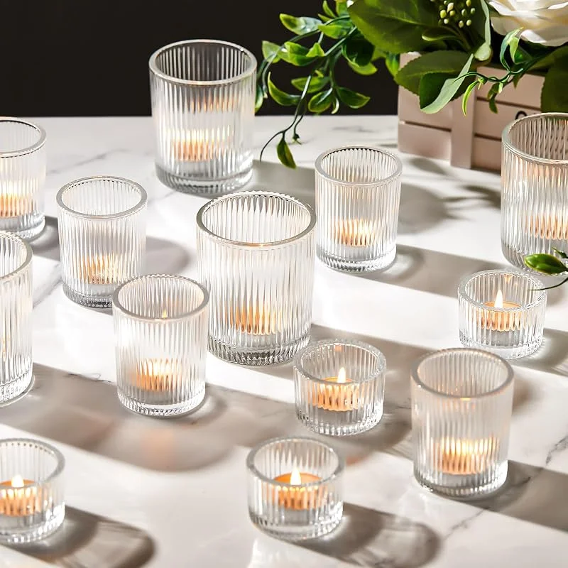 Marke: Mumufy Mumufy 48 Stück sortierte Votivkerzenhalter, klares, geripptes Glas, Teelichthalter, Großpackung für Tischdekoration, Babyparty, Zuhause und Hochzeitsfeier — Kerzenlicht Abendessen