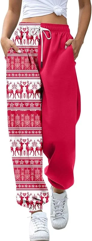 Marke: Générique Arbeitshose für Damen, Cargohose, Jogginghose, bedruckt, Weihnachten, bequem, für Damen, elastischer Kordelzug, hohe Taille, attraktiv, bedruckt, Wohnzimmerhose, 14-V, Large — Weihnachtsmode