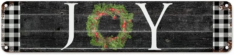 Marke: CowkissSign Vintage Weihnachtskranz Freude Metallschild Weihnachtsdekoration Winter Retro Wanddekoration Plaketten Schwarz und Weiß Büffel Karo Plaid Metall Blechschild Qualität Verkehrsschild für Zuhause 45, 7 x