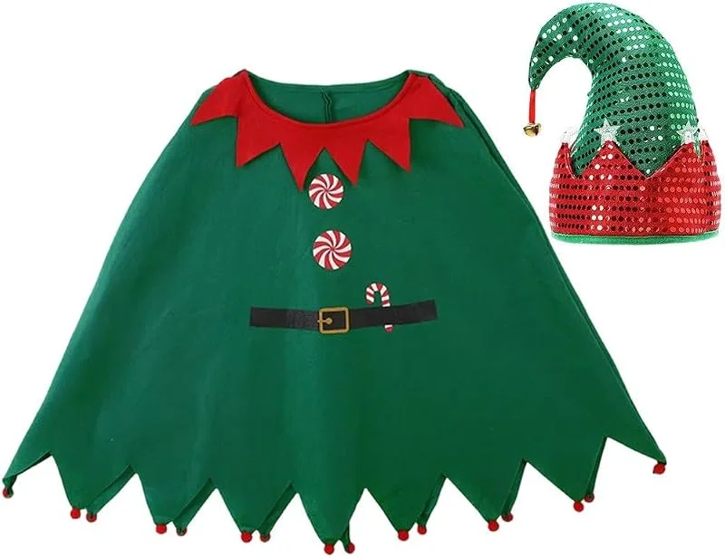 Marke: Vobumix Grüner Elfen-Cosplay-umhang Weihnachtsbaum-haarreif Und Zauberstab – Weihnachts-Cosplay-Accessoires Für Festliche Anlässe — Weihnachtsmode
