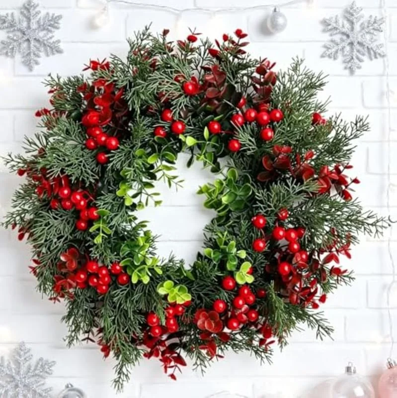 Marke: LUGEZLRJ Weihnachtskranz, Winterkranz, Dekoration, Weihnachtsdekoration, 40cm Leicht für Tür Wand Tisch Weihnachtsdeko Frühlingsdeko mit roten Beeren Festliche Dekoration Langlebig Modern Landhausstil