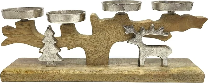 Besuche den DARO DEKO-Store DARO DEKO Kerzenhalter aus Holz und Metall 16 x 41cm braun Silber mit Tanne und REH — Advent und Tisch